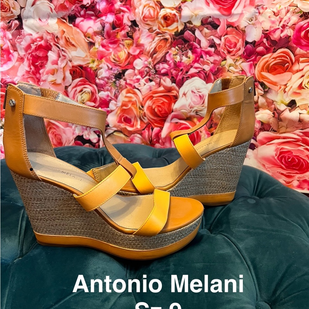 ANTONIO MELANI Tan and Orange Wedge Sandals with Crisscross Straps